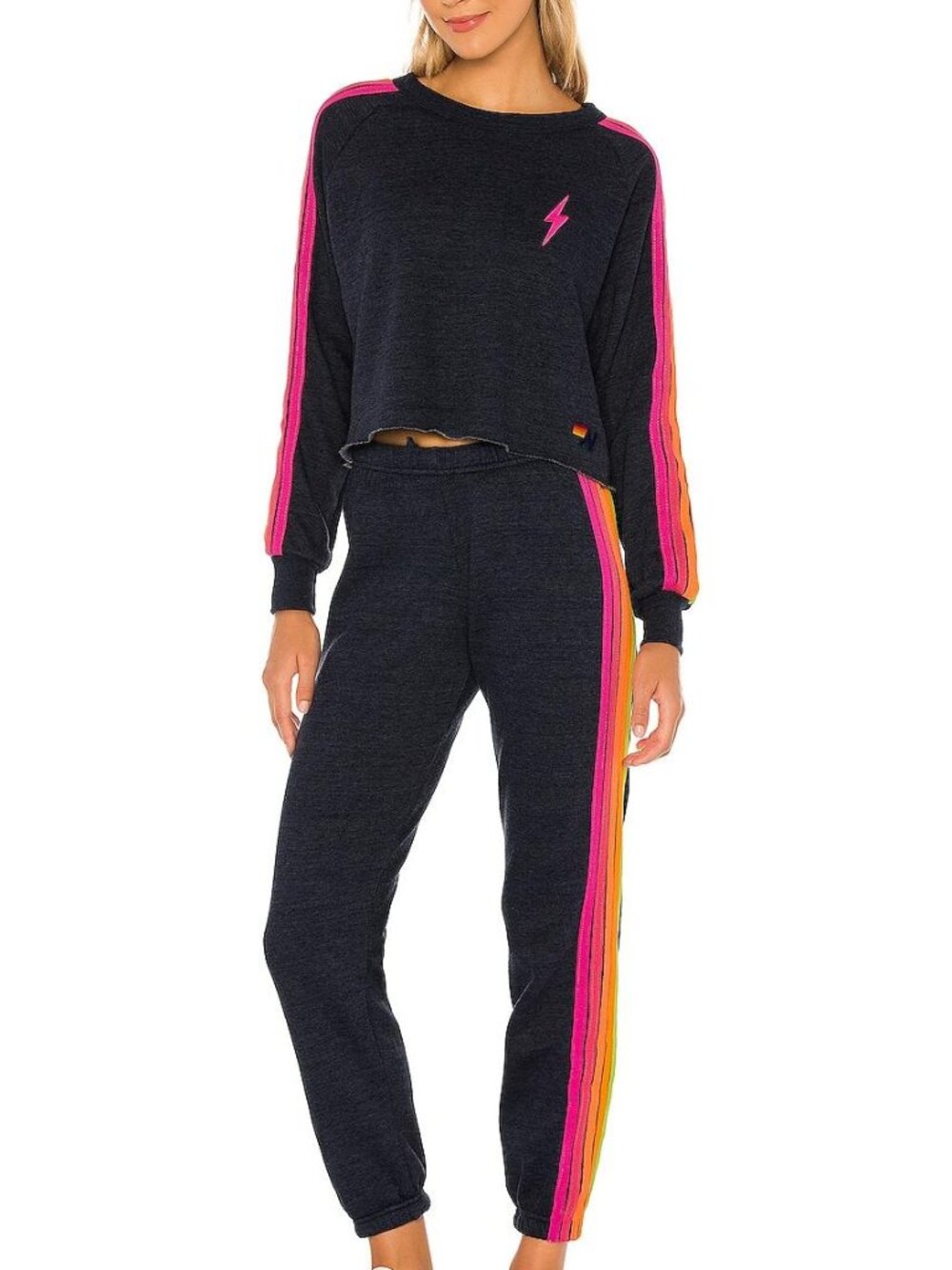 Aviator Nation SET - 5 Stripe Neon Bolt Sweatshirt & Sweatpants - Size S
